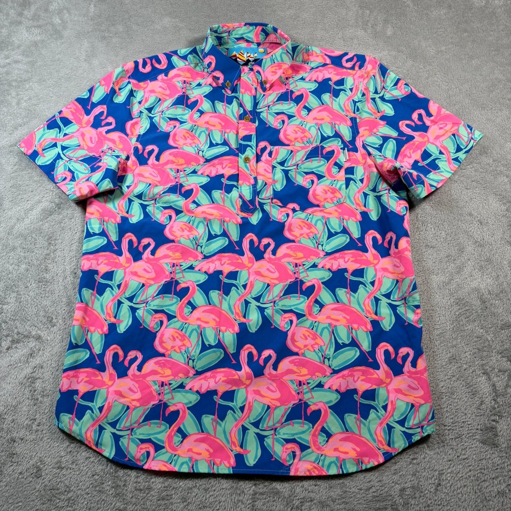 Chubbies Flamingo Shirt Mens Medium Blue Pink Short Sleeve‎ Button Down